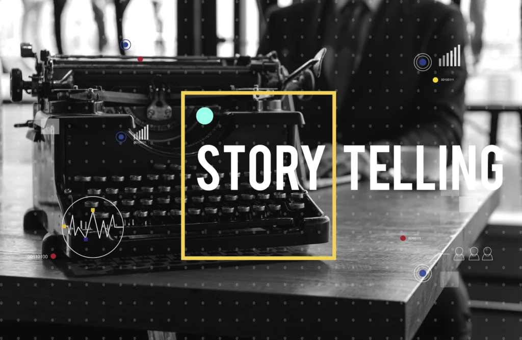 Photo représentant une machine à écrire avec le titre "storytelling"