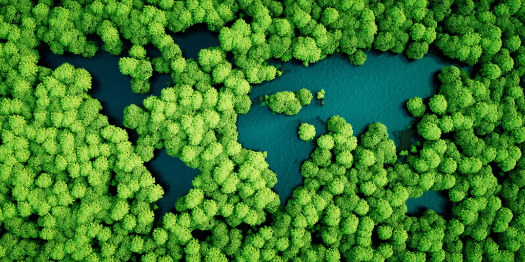Lacs de la forêt tropicale en forme de continents du monde.