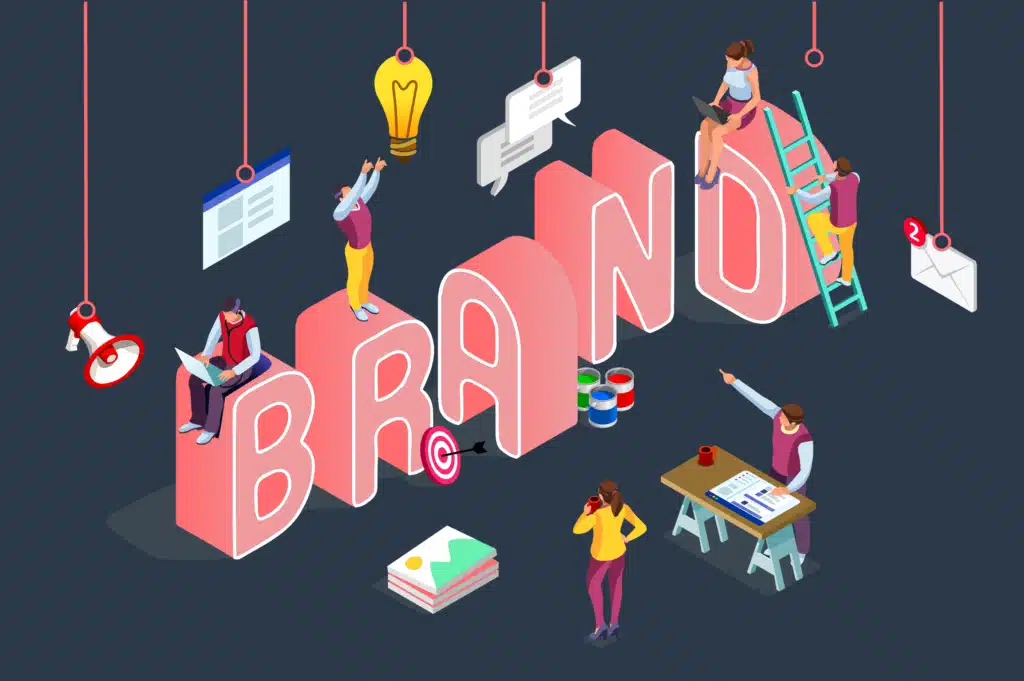 Image avec écrit "brand" au milieu en rose sur fond bleu foncé, encerclé par des plusieurs éléments faisant référence à la marque employeur